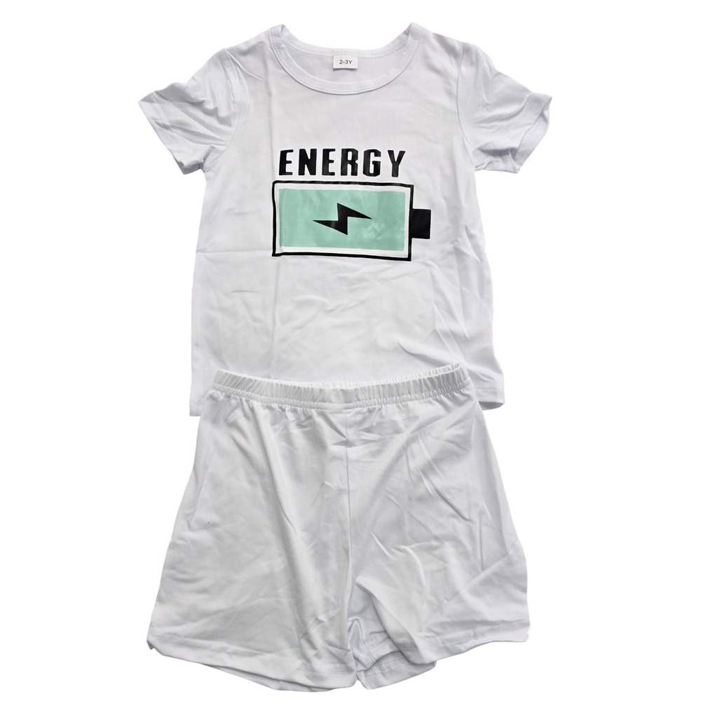 Kids White Energy Battery Graphic T-Shirt and Shorts Pajama Set Size 2-3Y